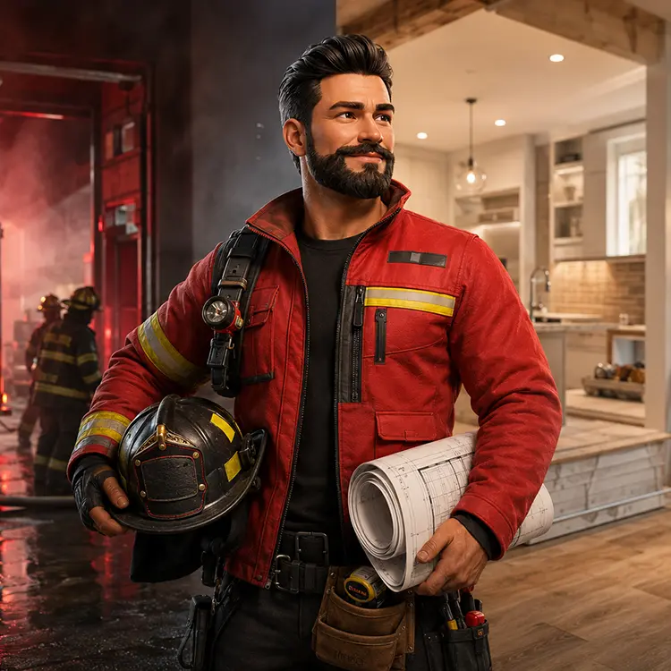Firefighter and homebuilder holding a helmet and building plans