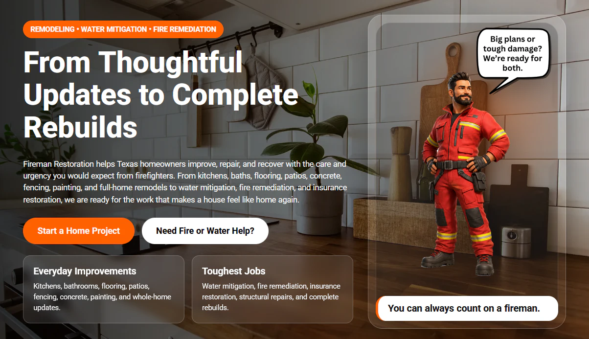Wide Fireman Restoration homepage showing remodeling and restoration messaging