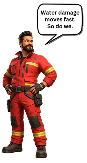 Fireman Restoration mascot saying, Water damage moves fast. So do we.