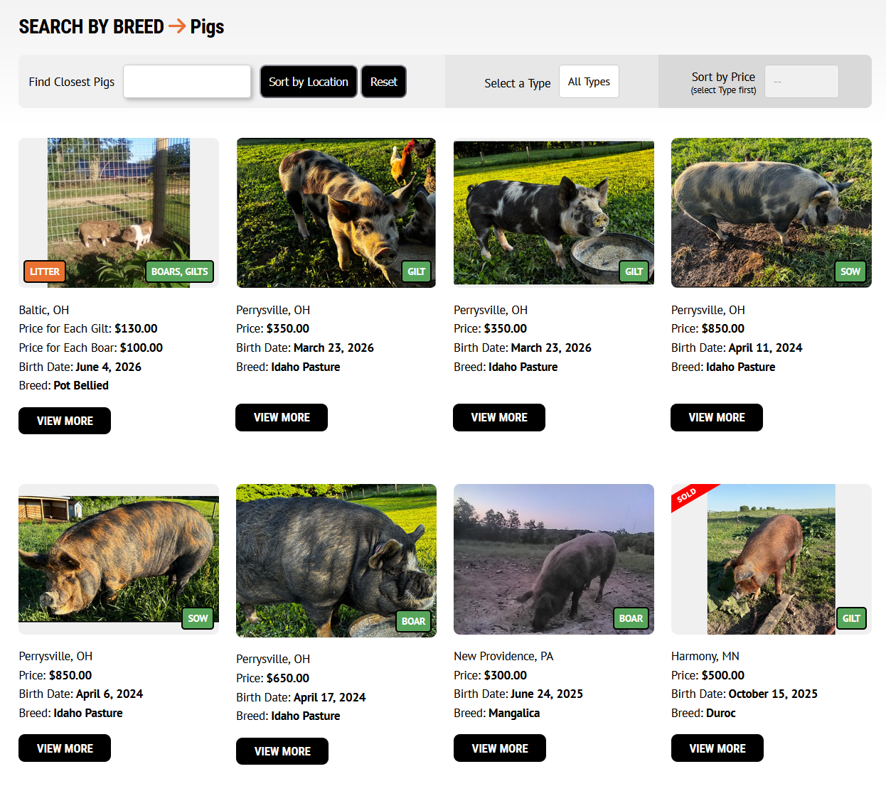 7Livestock listing grid with location, type, price, breed, and sold indicators