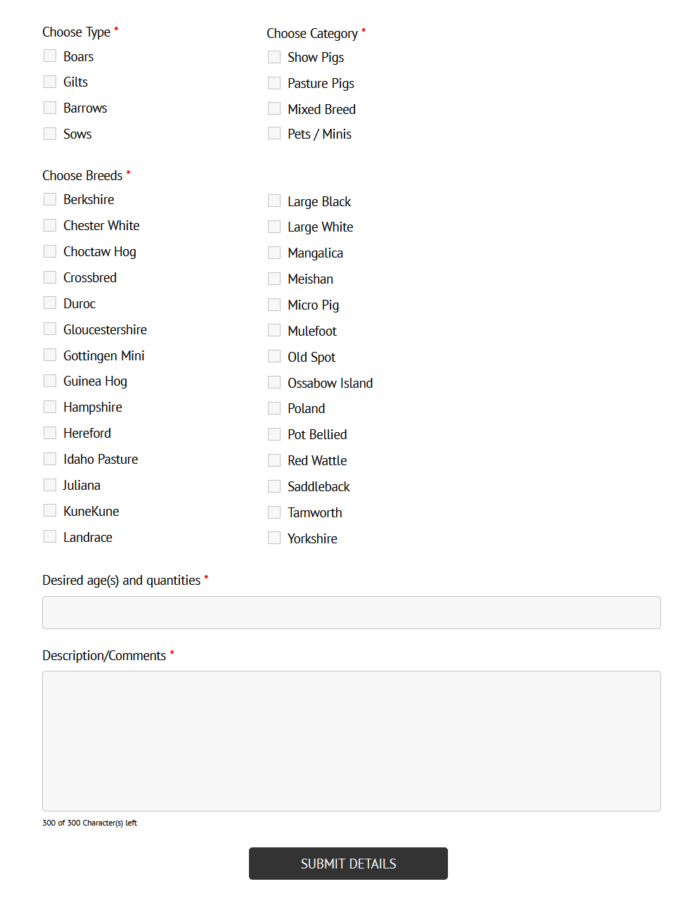 7Livestock Order a Pig form collecting buyer location, animal type, breed, category, age, and quantity preferences